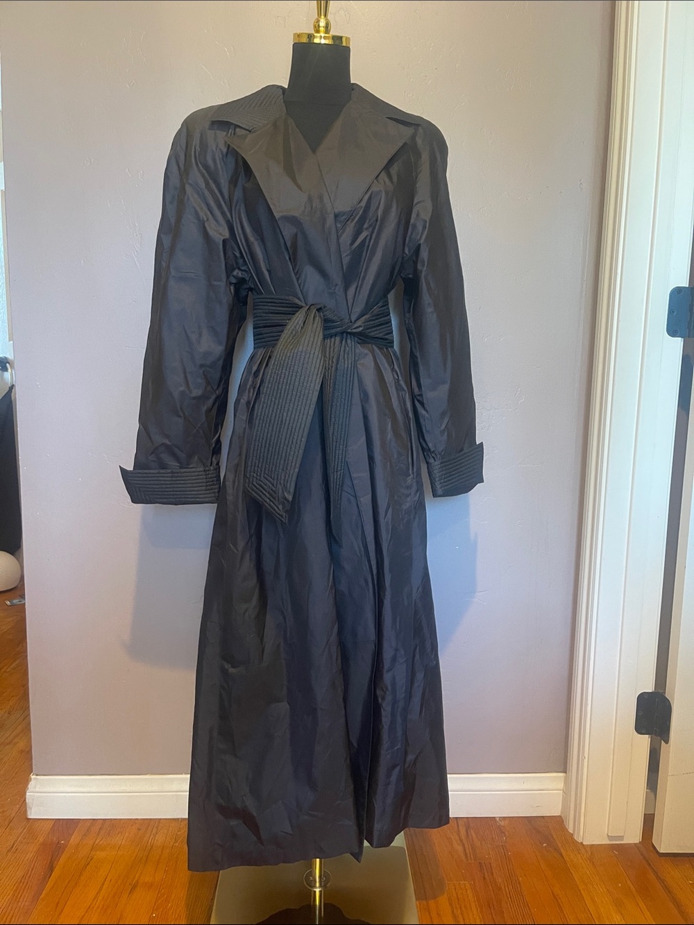VTG Count Romi x Bullocks Wilshire Black Silk Trench Coat Pleated Belt